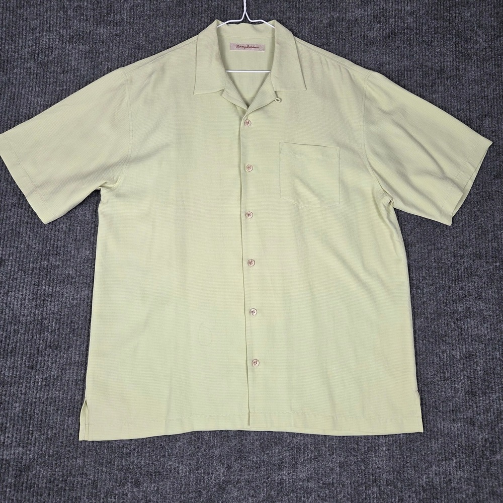 Tommy Bahama Mens Large 100% Silk Short Sleeve Button Down Camp Shirt Sage Green